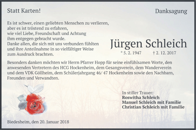  Traueranzeige für Jürgen Schleich vom 20.01.2018 aus Mannheimer Morgen / Schwetzinger Zeitung