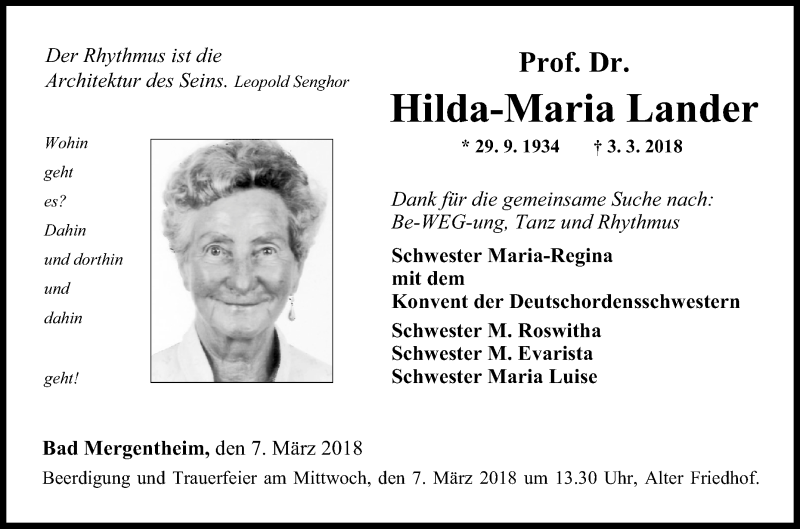  Traueranzeige für Hilda-Maria Lander vom 07.03.2018 aus Fränkische Nachrichten