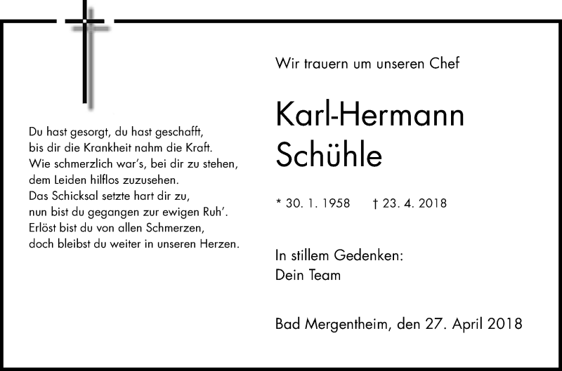  Traueranzeige für Karl-Hermann Schühle vom 27.04.2018 aus Fränkische Nachrichten