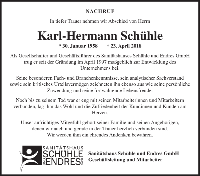  Traueranzeige für Karl-Hermann Schühle vom 26.04.2018 aus Fränkische Nachrichten