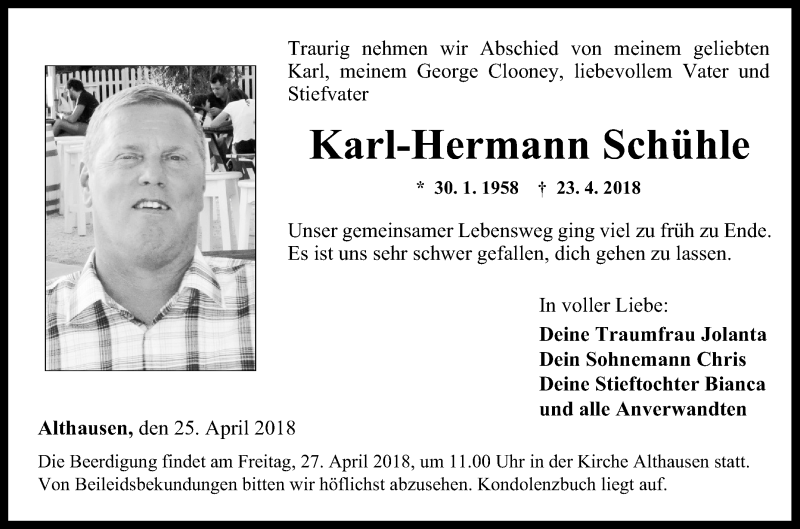  Traueranzeige für Karl-Hermann Schühle vom 25.04.2018 aus Fränkische Nachrichten