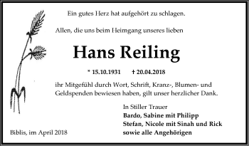 Traueranzeige von Hans Reiling von Südhessen Morgen