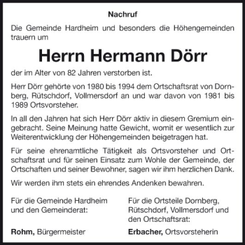 Traueranzeige von Hermann Dörr von Fränkische Nachrichten