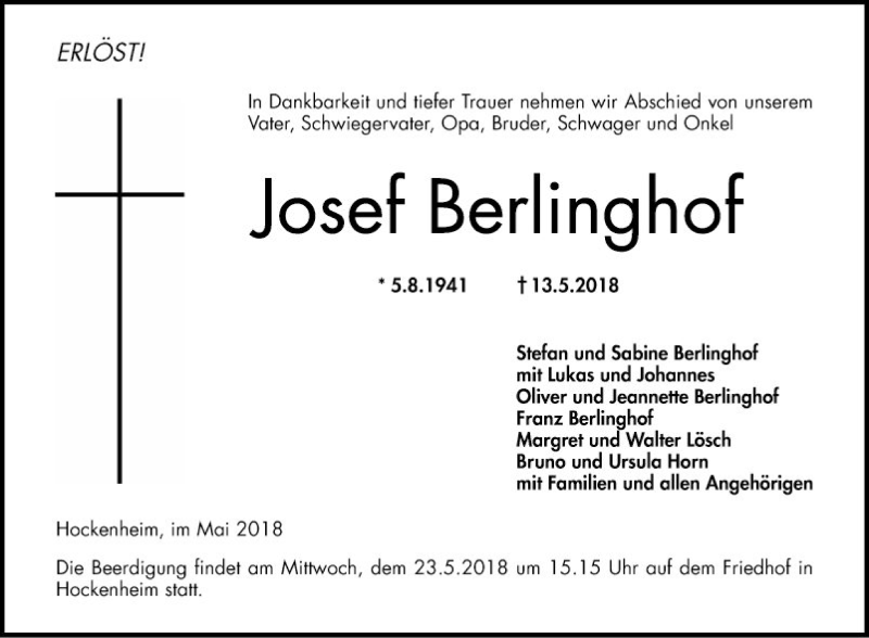  Traueranzeige für Josef Berlinghof vom 18.05.2018 aus Schwetzinger Zeitung
