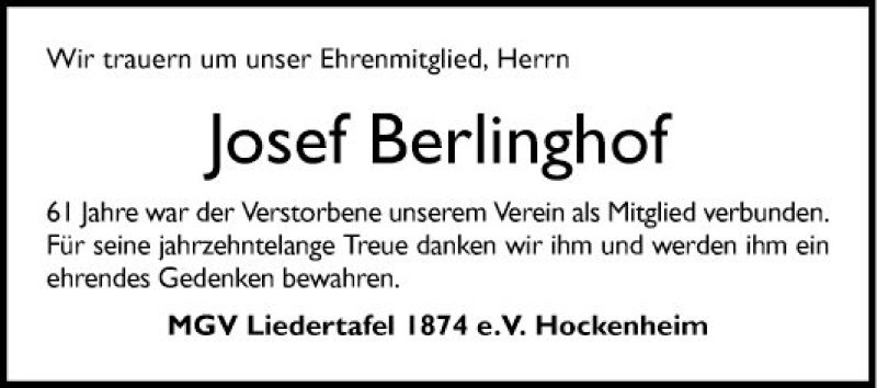 Traueranzeige für Josef Berlinghof vom 18.05.2018 aus Schwetzinger Zeitung