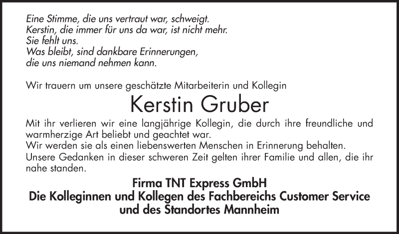  Traueranzeige für Kerstin Gruber vom 15.05.2018 aus Mannheimer Morgen