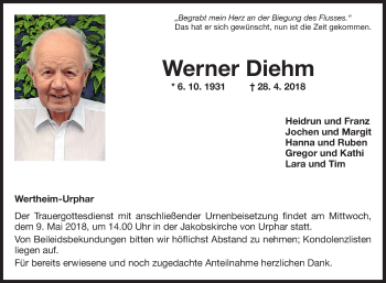 Traueranzeige von Werner Diehm von Fränkische Nachrichten