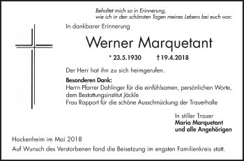 Traueranzeige von Werner Marquetant von Schwetzinger Zeitung