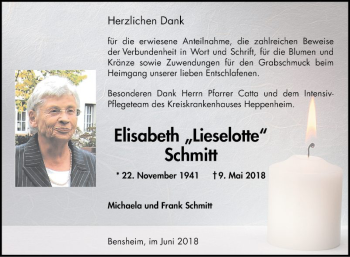 Traueranzeige von Elisabeth Schmitt von Bergsträßer Anzeiger