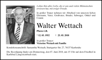 Traueranzeige von Walter Wettach von Mannheimer Morgen