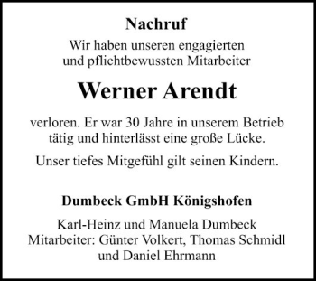 Traueranzeige von Werner Arendt von Fränkische Nachrichten