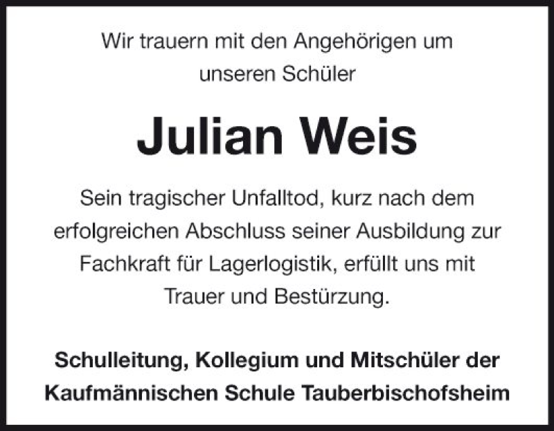  Traueranzeige für Julian Weis vom 17.07.2018 aus Fränkische Nachrichten