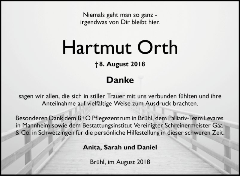  Traueranzeige für Hartmut Orth vom 25.08.2018 aus Schwetzinger Zeitung