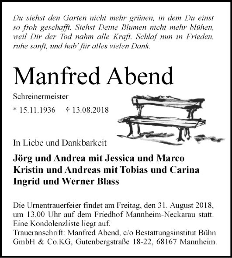  Traueranzeige für Manfred Abend vom 18.08.2018 aus Mannheimer Morgen