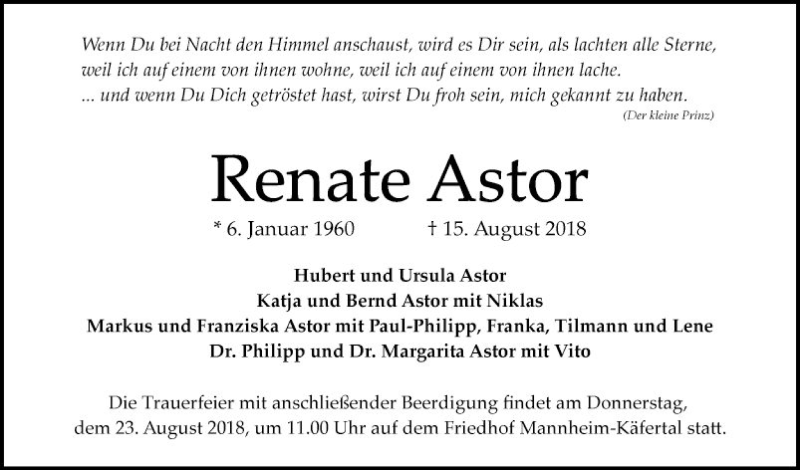  Traueranzeige für Renate Astor vom 18.08.2018 aus Mannheimer Morgen