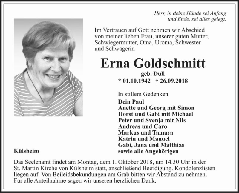 Traueranzeige für Erna Goldschmitt vom 29.09.2018 aus Fränkische Nachrichten