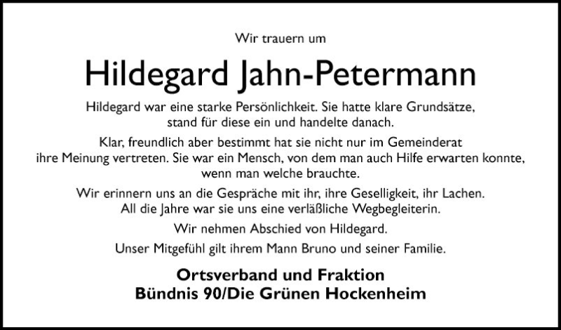  Traueranzeige für Hildegard Jahn-Petermann vom 24.09.2018 aus Schwetzinger Zeitung