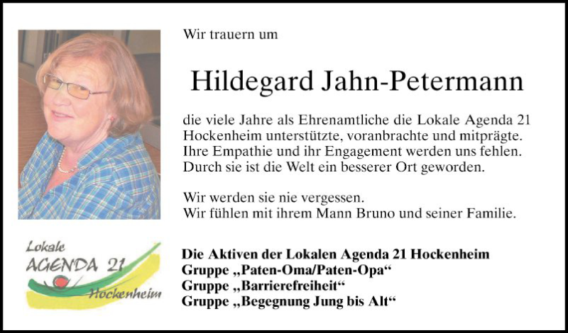  Traueranzeige für Hildegard Jahn-Petermann vom 21.09.2018 aus Schwetzinger Zeitung