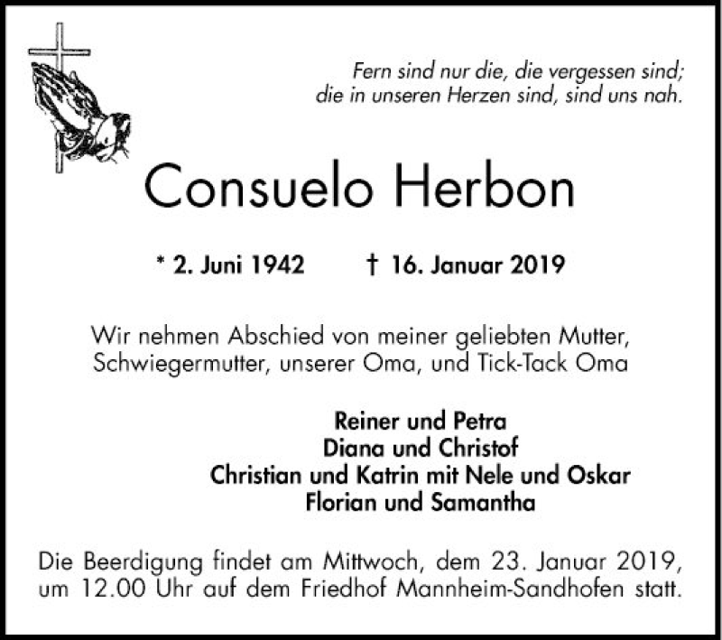 Traueranzeige für Consuelo Herbon vom 19.01.2019 aus Mannheimer Morgen