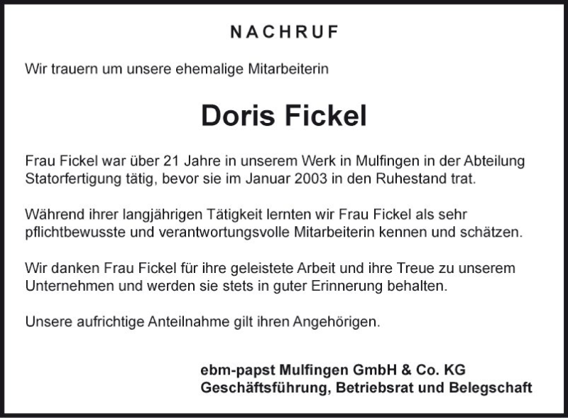  Traueranzeige für Doris Fickel vom 19.01.2019 aus Fränkische Nachrichten