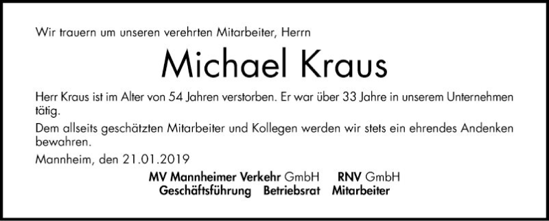  Traueranzeige für Michael Kraus vom 21.01.2019 aus Mannheimer Morgen