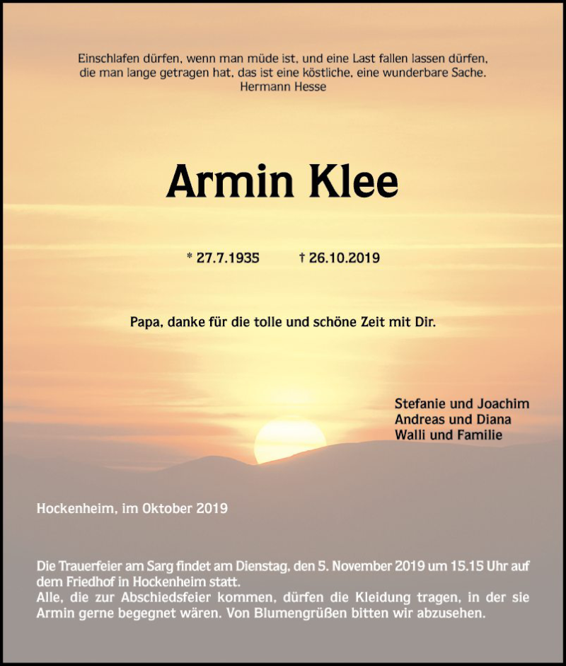  Traueranzeige für Armin Klee vom 30.10.2019 aus Schwetzinger Zeitung
