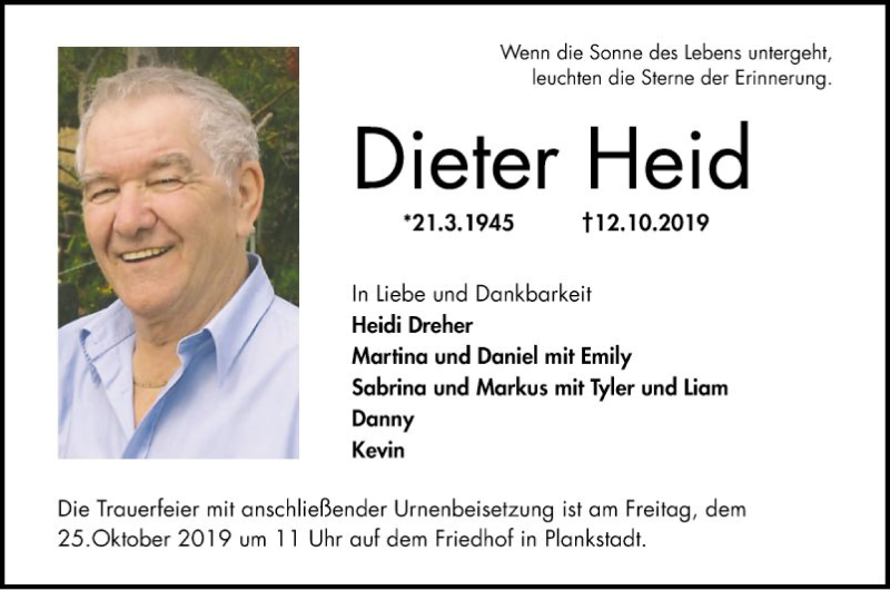 Traueranzeige für Dieter Heid vom 21.10.2019 aus Schwetzinger Zeitung