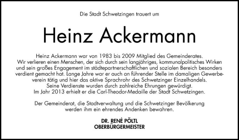  Traueranzeige für Heinz Ackermann vom 14.10.2019 aus Schwetzinger Zeitung