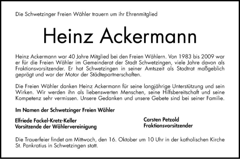  Traueranzeige für Heinz Ackermann vom 12.10.2019 aus Schwetzinger Zeitung