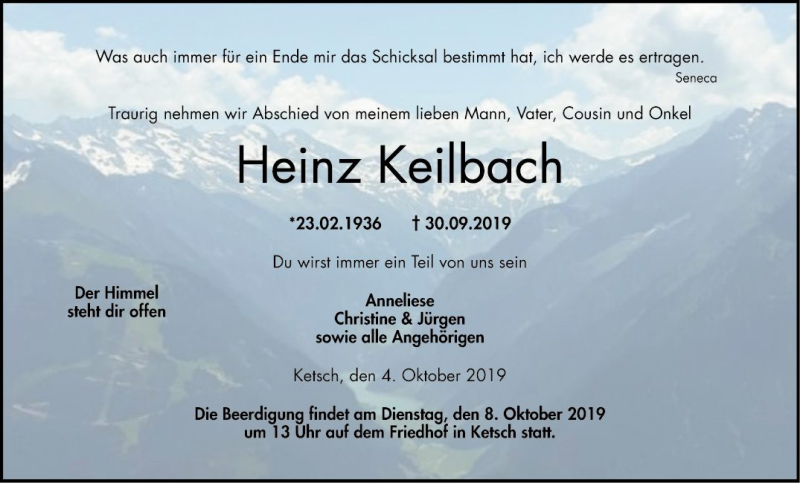  Traueranzeige für Heinz Keilbach vom 04.10.2019 aus Schwetzinger Zeitung