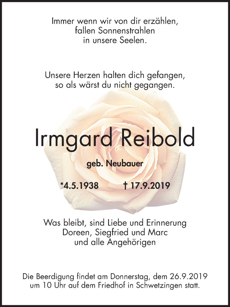  Traueranzeige für Irmgard Reibold vom 21.09.2019 aus Mannheimer Morgen