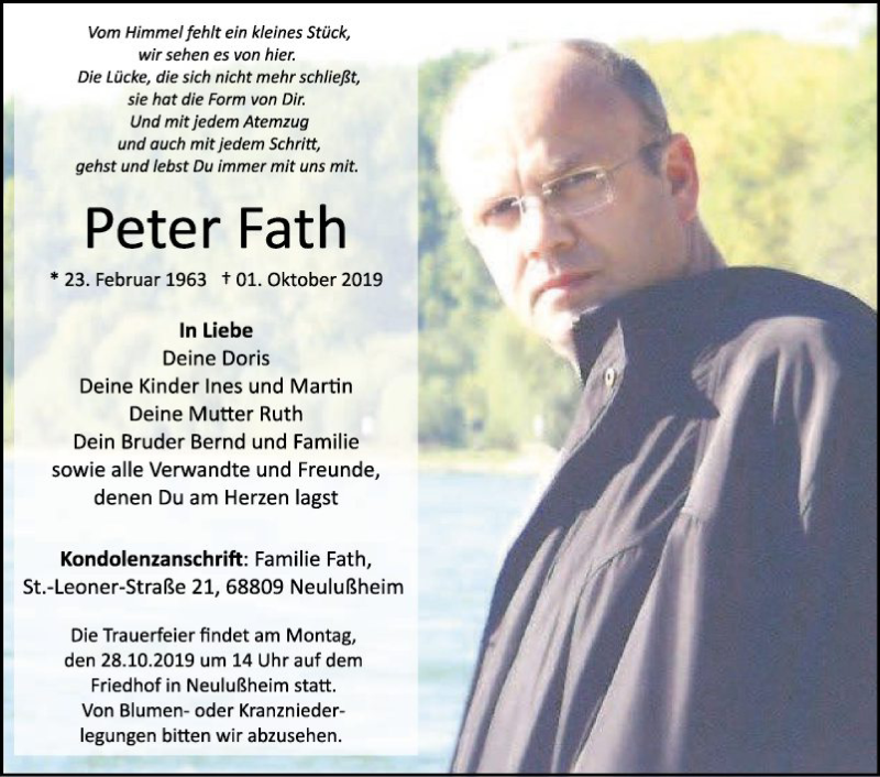  Traueranzeige für Peter Fath vom 23.10.2019 aus Schwetzinger Zeitung