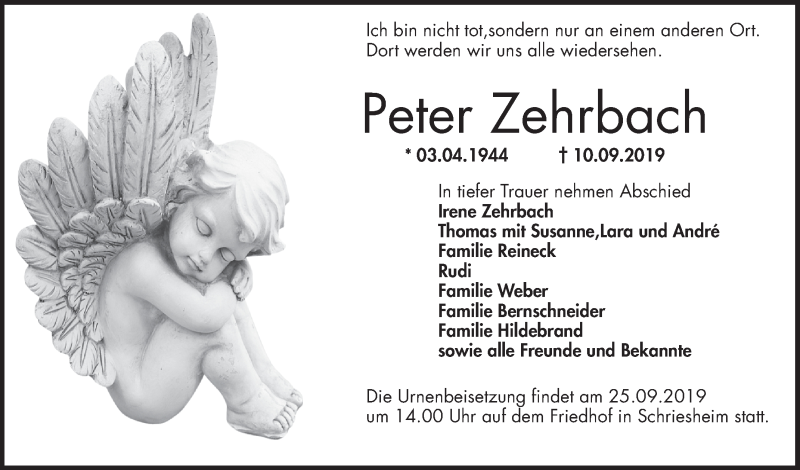  Traueranzeige für Peter Zehrbach vom 21.09.2019 aus Mannheimer Morgen