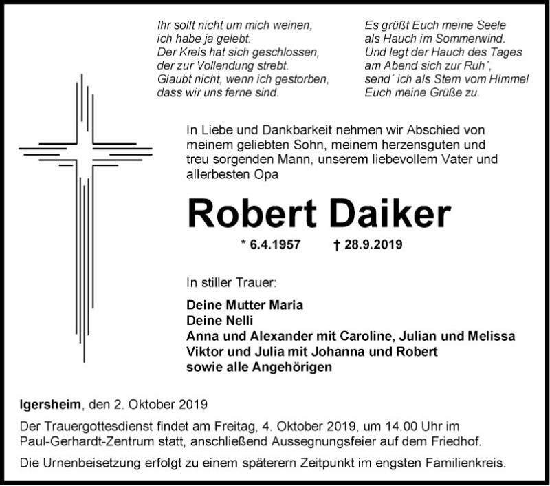  Traueranzeige für Robert Daiker vom 02.10.2019 aus Fränkische Nachrichten