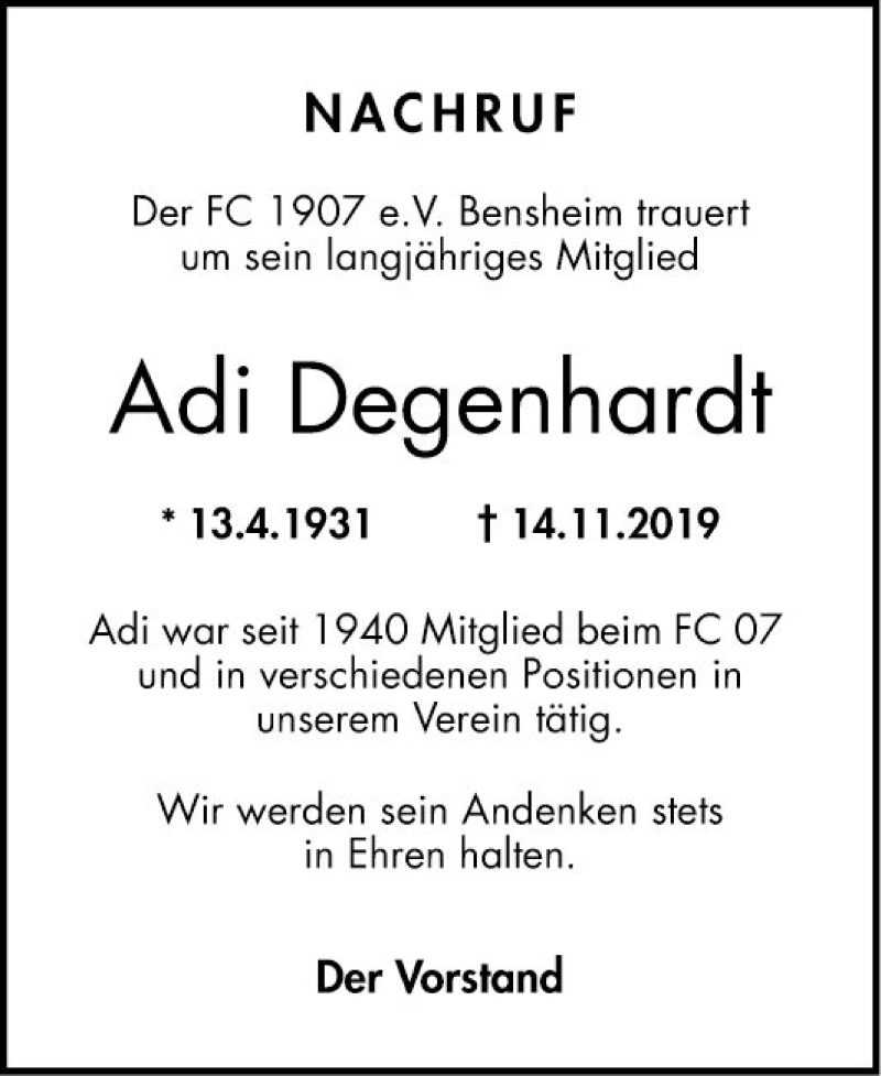  Traueranzeige für Adi Degenhardt vom 27.11.2019 aus Bergsträßer Anzeiger