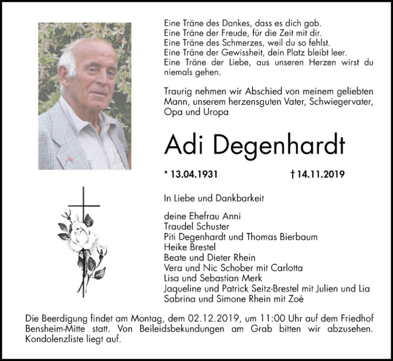  Traueranzeige für Adi Degenhardt vom 23.11.2019 aus Bergsträßer Anzeiger