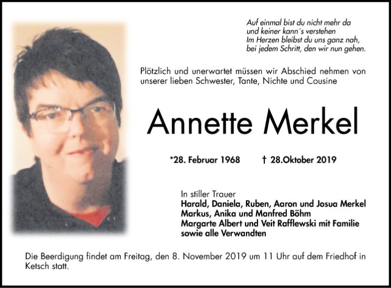  Traueranzeige für Annette Merkel vom 05.11.2019 aus Schwetzinger Zeitung