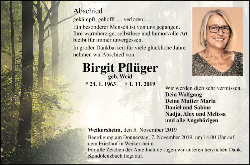  Traueranzeige für Birgit Pflüger vom 05.11.2019 aus Fränkische Nachrichten