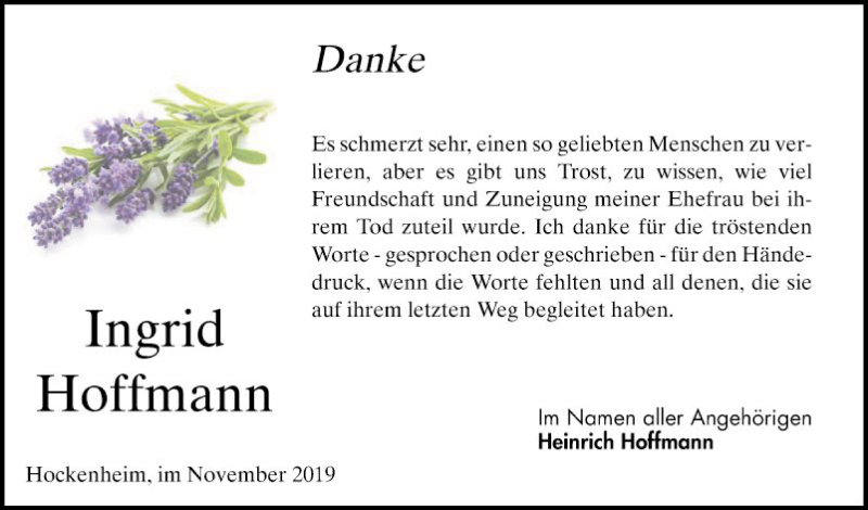  Traueranzeige für Ingrid Hoffmann vom 23.11.2019 aus Schwetzinger Zeitung