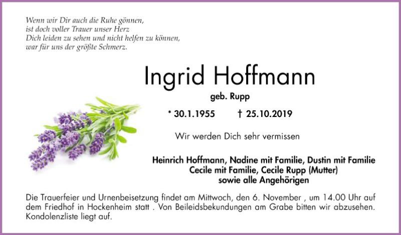  Traueranzeige für Ingrid Hoffmann vom 02.11.2019 aus Schwetzinger Zeitung