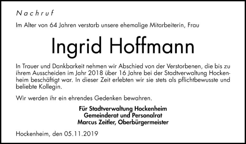  Traueranzeige für Ingrid Hoffmann vom 05.11.2019 aus Schwetzinger Zeitung