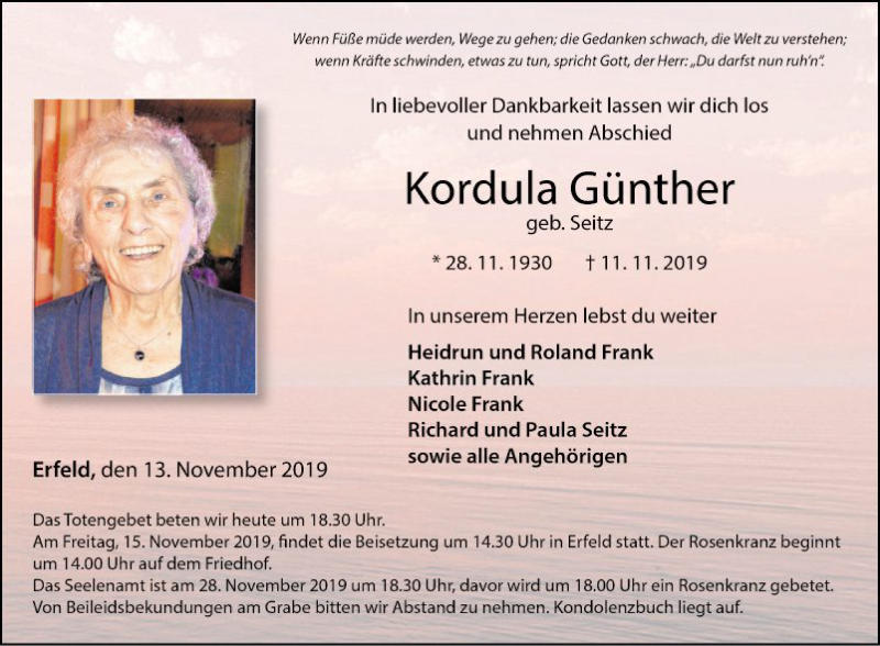  Traueranzeige für Kordula Günther vom 13.11.2019 aus Fränkische Nachrichten