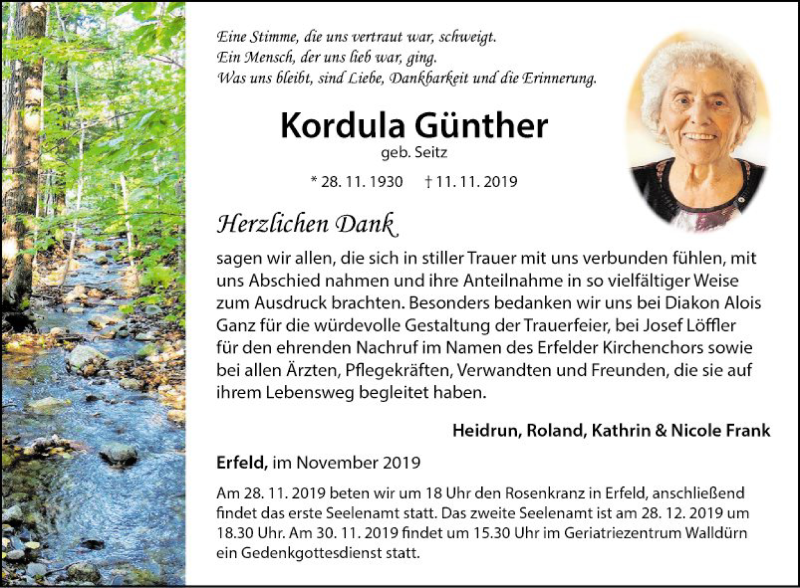  Traueranzeige für Kordula Günther vom 23.11.2019 aus Fränkische Nachrichten