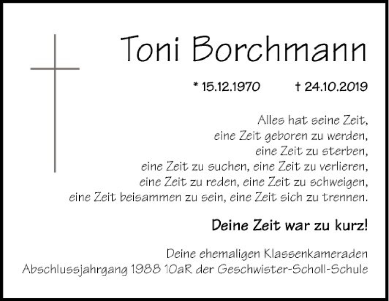  Traueranzeige für Toni Borchmann vom 13.11.2019 aus Bergsträßer Anzeiger