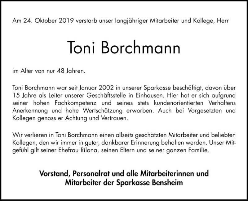  Traueranzeige für Toni Borchmann vom 09.11.2019 aus Bergsträßer Anzeiger