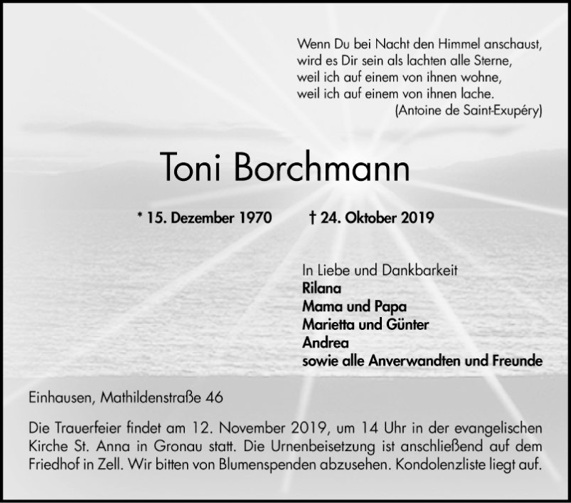 Traueranzeige für Toni Borchmann vom 09.11.2019 aus Bergsträßer Anzeiger