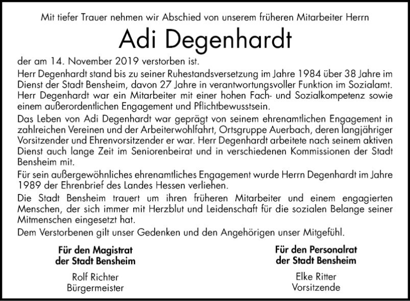 Traueranzeige für Adi Degenhardt vom 30.11.2019 aus Bergsträßer Anzeiger