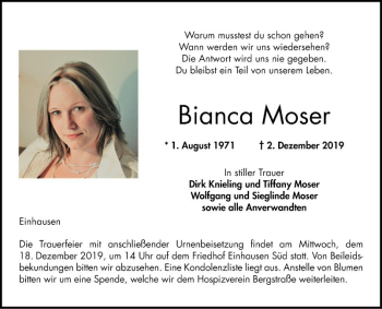 Traueranzeige von Bianca Moser von Bergsträßer Anzeiger
