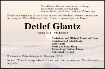 Traueranzeige von Detlef Glantz von Schwetzinger Zeitung