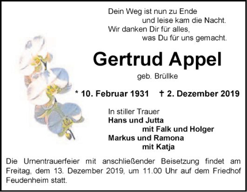 Traueranzeige für Gertrud Appel vom 07.12.2019 aus Mannheimer Morgen